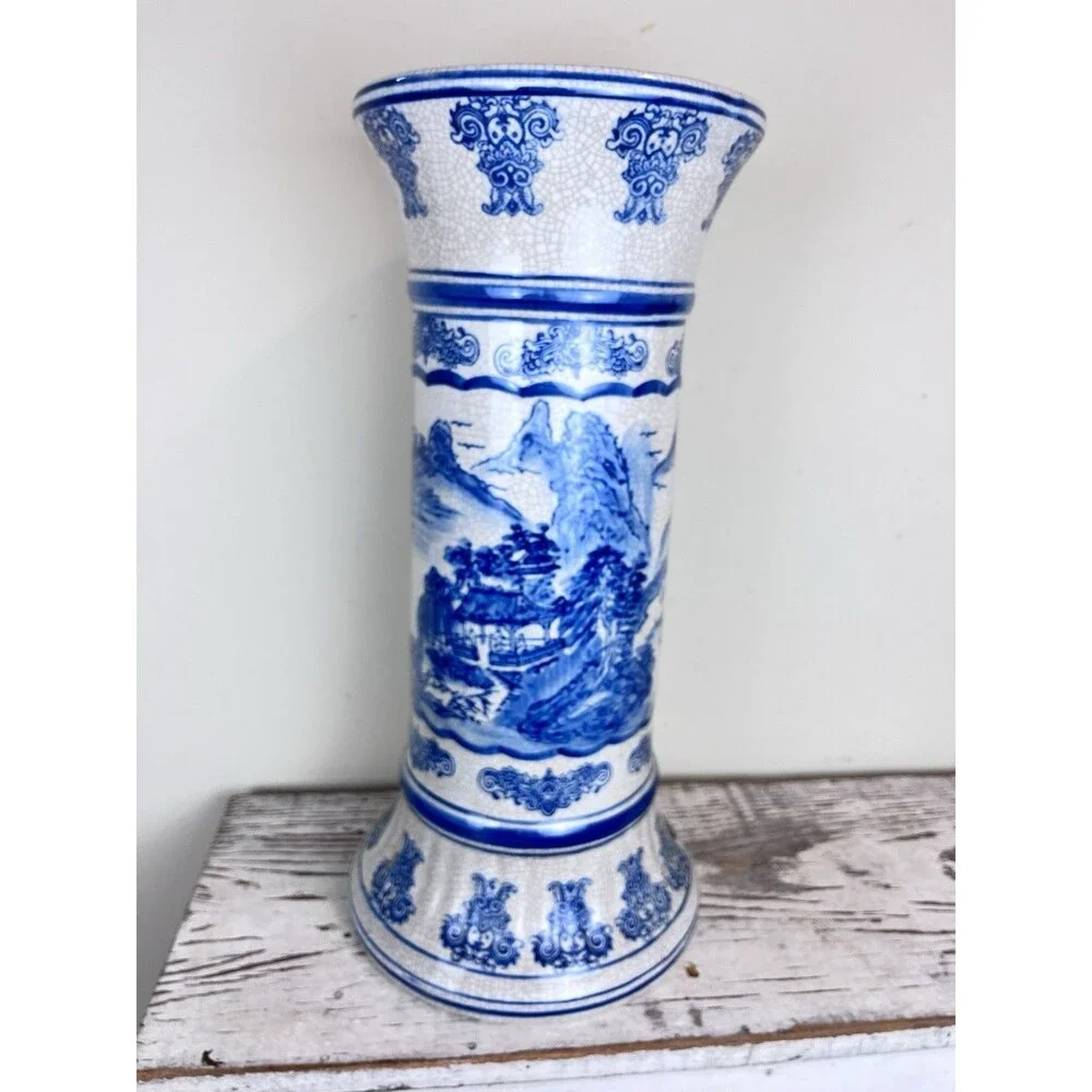 Vintage Mid Century Pedestal Shan Shui Pattern Mountain River Blue White Crazed